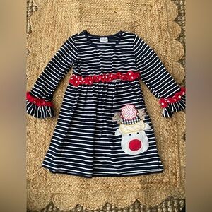 Navy & White Striped Kids Dress with Red Accent Ruffle